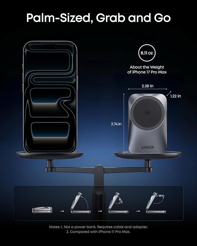 Anker Prime 3-in-1 Wireless Charging Station, MagSafe Charger Stand Compatible, Qi2 25W Certified Palm-Sized Foldable Charger for iPhone 17/16, Apple Watch, AirPods (Non-Battery, Adapter Included)
