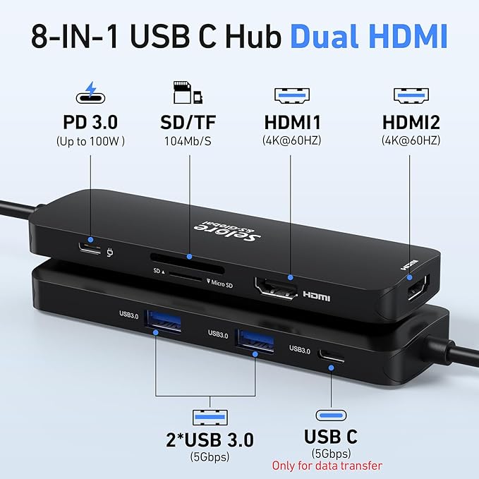 USB C Docking Station Dual HDMI Monitor, USB C to Dual HDMI Adapter with 2HDMI Ports, PD Charging, SD/TF, USB A&C 3.0 Ports, Laptop Docking Station for Dell XPS/HP/Lenovo/Surface/Yoga etc(Black)