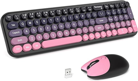 Wireless Keyboard and Mouse Combo, Portable Retro Keyboard with Compact Size, 2 in 1 USB Connected Mouse for Windows 7/8/10, Laptop, Desktop, PC, Computer (Berry Pink)