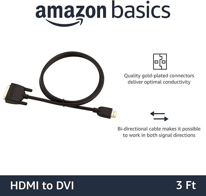 Amazon Basics HDMI to DVI Adapter Cable, Bi-Directional 1080P, Gold-Plated Connectors, 3 ft/0.9 m, Black