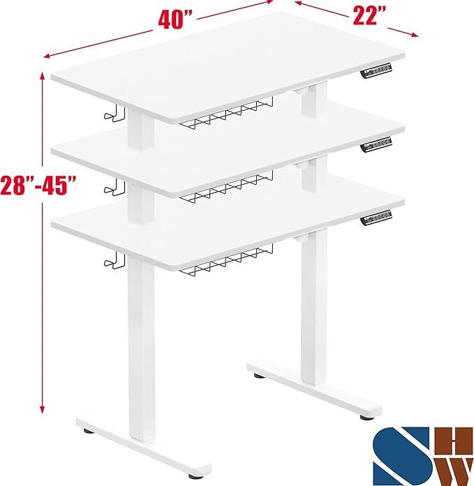 SHW 40 x 22 Inches Electric Height Adjustable Sit to Stand Desk with Hanging Hooks and Cable Management, White Frame and White Top