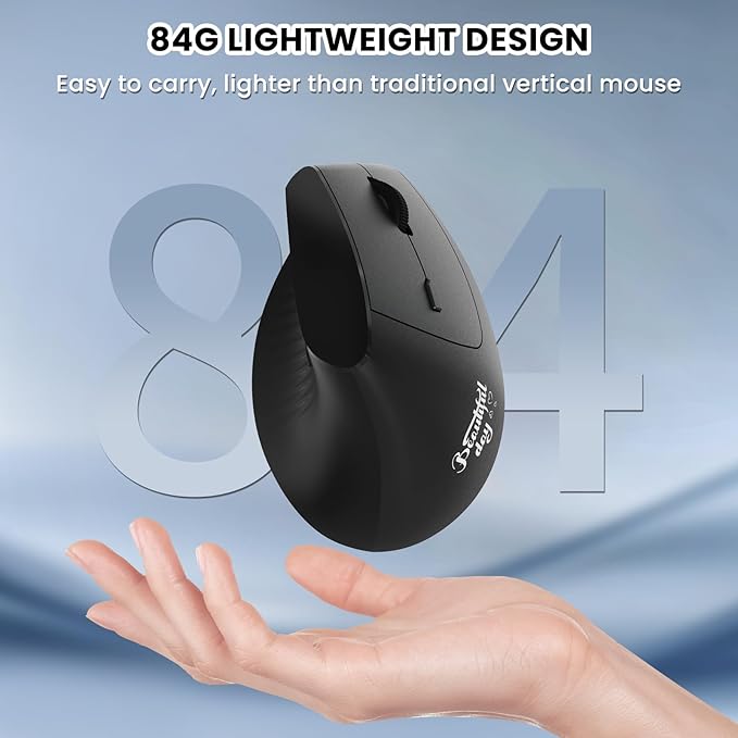 A.JAZZ I300 Bluetooth and 2.4G Rechargeable Wireless Mouse,Ergonomic Vertical Design Optical Mouse Computer Mice,800/1200/1600 DPI,Quiet Clicks,84G Lightweight for Laptop, Desktop, PC, MacBook(Black)