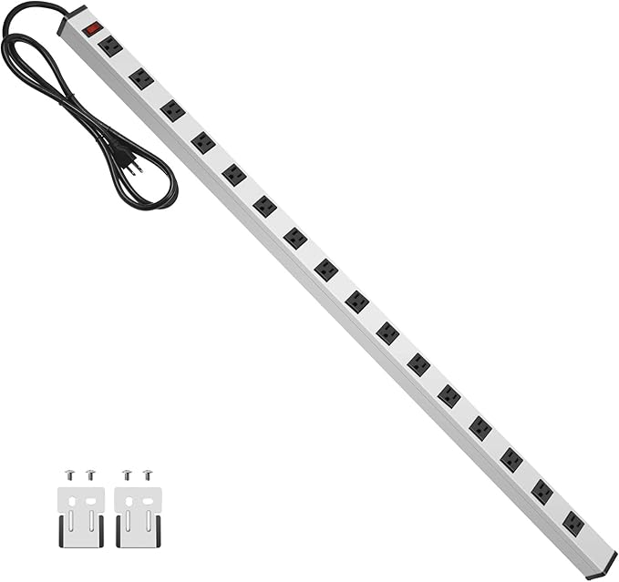 JUNNUJ Long Metal 16 Outlet Power Strip, Wide Spaced Garage Industrial Heavy Duty Power Strip with 4 FT Cord 15A, 125V, 1875W-Silver