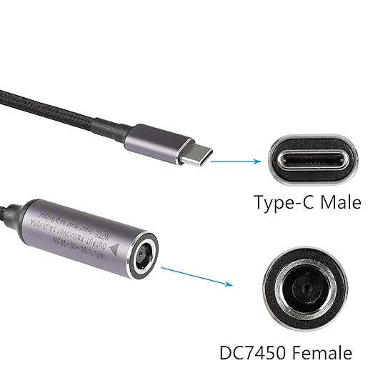 SinLoon PD 100W DC 7.4mm x 5.0mm Female(7.4 x 0.6mm) Input to USB Type C Male Power Charging Cable, 100W DC7450 to Type C Cable with PD Automatic Identification Chip,for Phones,Tablets,Laptops(Blue)