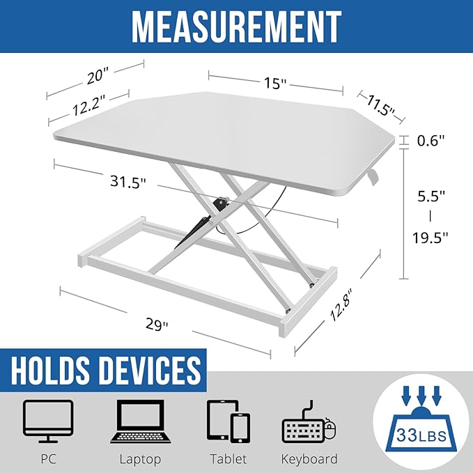 32 inch White Corner Standing Desk Converter, Assembled One-Click Sit to Stand up Desk Riser, for Dual Monitor and Laptop Height Adjustable Workstation
