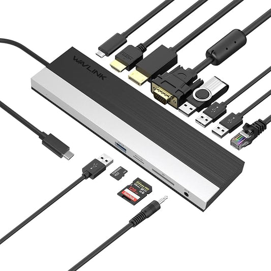WAVLINK USB C Docking Station, 12-in-1 Triple Display Type C Adapter with HDMI, DisplayPort,VGA,Ethernet,2 USB 3.0/2.0,SD/TF Card Reader,3.5mm Audio Jack,100W PD3.0 for Mac Windows and More