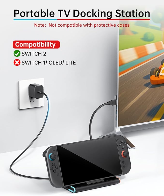 Switch 2 Dock with 60W Charger & HDMI Cable, 4K Portable Docking Station for Nintendo Switch2 Console, Travel TV Connector Stand Base, USB-C Charging Cable, AC Adapter Power Cord, Game Accessories Set