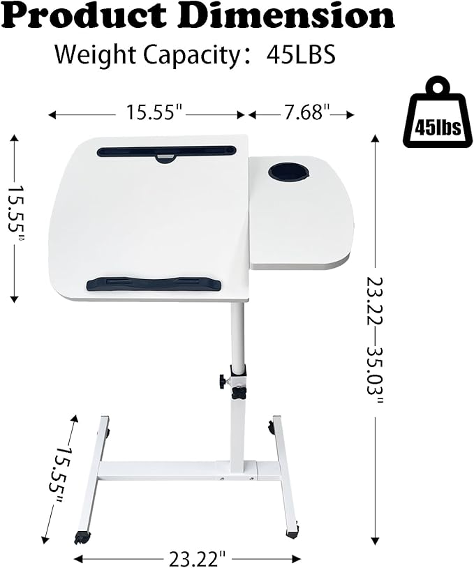 Laptop Table for Couch,Height Adjustable Moving Desk with Wheels & Overbed Tables, Mobile Rolling Computer Cart as Hospital Bed Table for Home Use