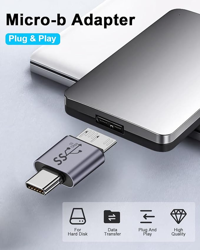 Duttek 10Gbps USB C to Micro B Cable Adapter, Micro B to USB C Adapter, Micro B Male to USB C 3.2 Male Adapter for Hard Drive Cable for External Portable SSD HDD 2 Pack