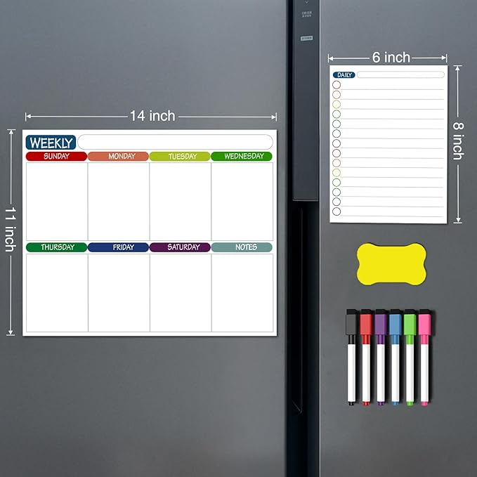 2Pcs Magnetic Calendar Whiteboard for Fridge, 11" x 14" Weekly Digital Calendar Daily Schedule Planner Organizer for Home School Office Refrigerator with 6 Markers and 1 Eraser