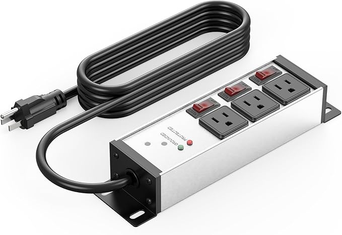CCCEI 3 Outlet Heavy Duty Surge Protector Power Strip 20 Amp Individual Switches. 12 Gauge Extension Cord, Overload, Ground Protection. Garage Wall Mount Electric Extender, 4FT, Silver.