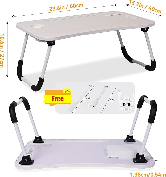 23.6 inch Portable Bed Desk, Folding Lap Desk with 4 USB Ports, Wind Fan, LED Light, Cup Holder and Side Drawer for Working, Reading, Writing, Eating on Bed, Sofa, Floor (Black)