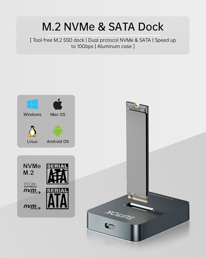 M.2 NVMe SSD Reader External, 10Gbps to USB Adapter for Both M.2 (M Key, B+M Key) NVMe and SATA NGFF SSD Dock, Size for M2 22110 2280 2260 2242 2230 Drive Docking Station - Aluminum Alloy