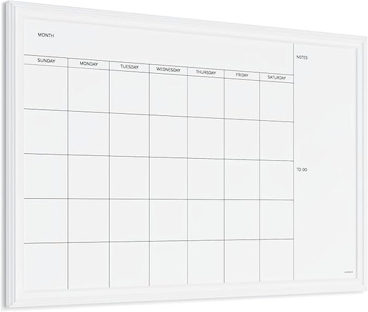 U Brands Magnetic Dry Erase Calendar White Board, 30" x 20", White Wood Style Frame, Includes Magnets