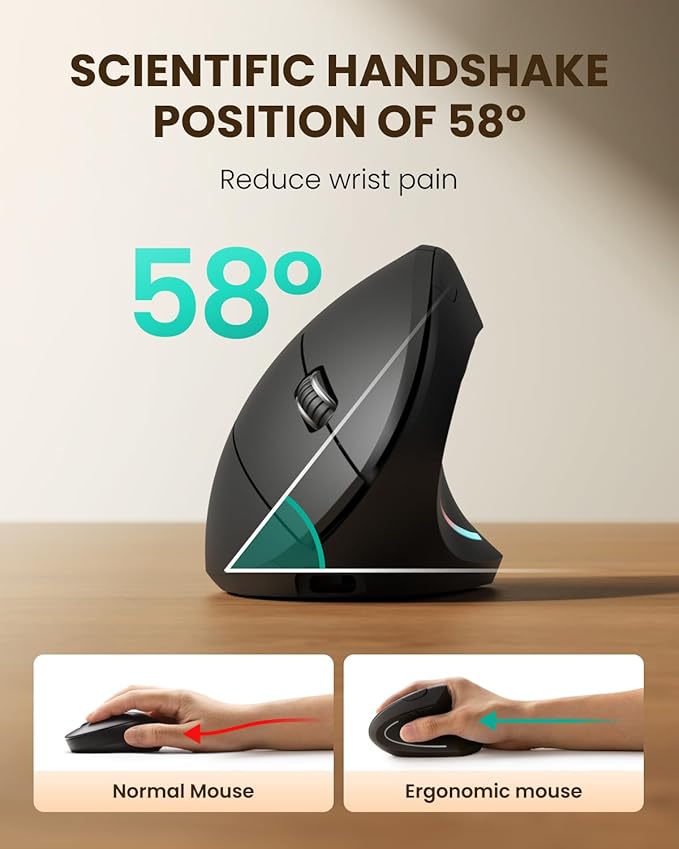 Ergonomic Wireless Rechargeable Mouse, Bluetooth+USB A+Type C(3 in 1) Connection, 5 Levels Up to 4800 DPI, 6 Silent Buttons, 2.4GHz Carpal Tunnel Vertical Mice, for Laptop, Desktop,MacBook-black