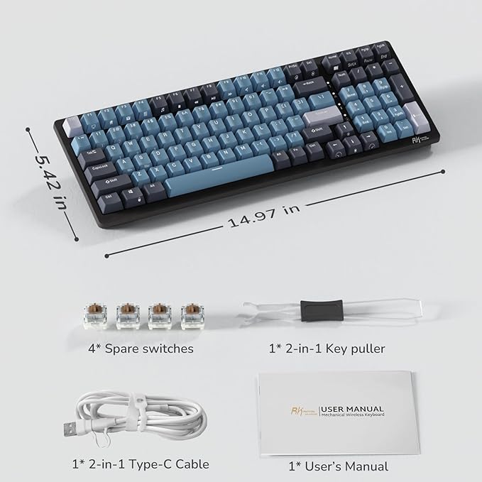 RK ROYAL KLUDGE RK98 Wireless Mechanical Keyboard, Triple Mode 2.4G/BT5.1/USB-C Hot Swappable Mechanical Keyboard with Number Pad, Pre-lubed Switches RGB Backlit Gaming Keyboard, Software Support