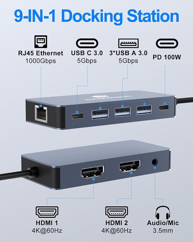 USB C Hub, 9 in 1 Dual Monitor Docking Station, 4K@60Hz Dual HDMI Display, RJ45 1000Mbps Ethernet Adapter, PD 100W, 3*USB-A 3.0 Ports, 3.5mm Audio/mic for MacBook Pro, Lenovo, Surface, Dell XPS, HP