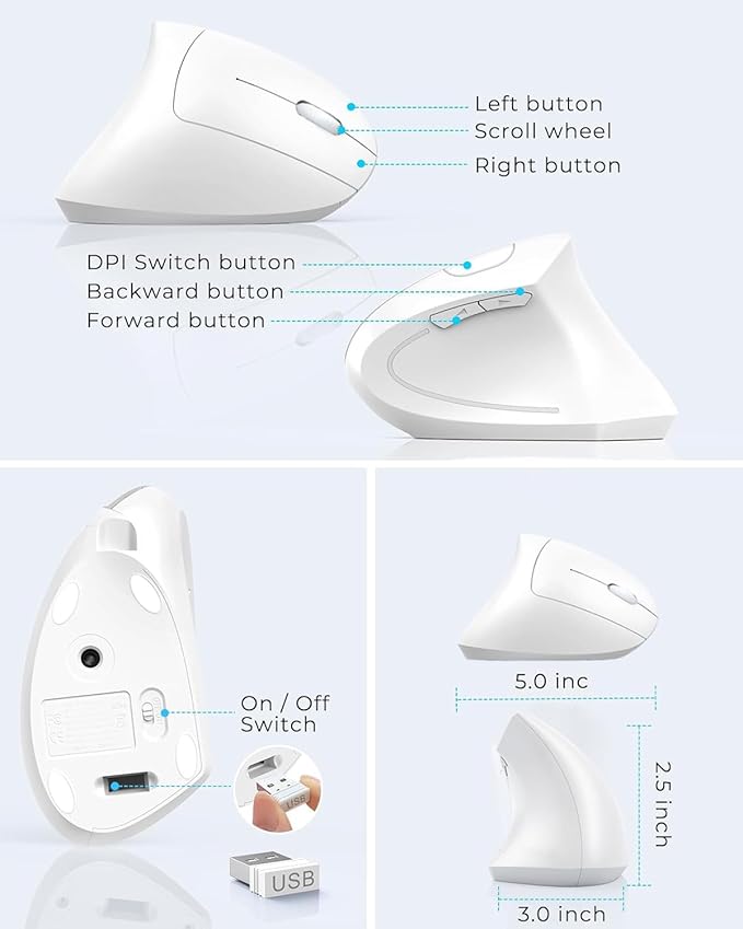 2.4G Wireless Vertical Mouse, Rechargeable Ergonomic Optical Mice: 3 Adjustable DPI 800/1200/1600 Levels 6 Buttons, for Laptop, PC, Computer, Desktop, Notebook etc, White
