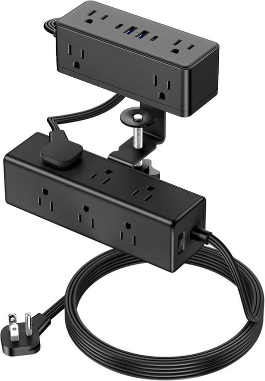 Dual Layer Desk Clamp Power Strip, Desktop Edge Mount Surge Protector with 15 AC Outlets & 4 USB Ports(20W USB-C), Ultra Thin Flat Plug & 10FT Power Cord for Office Home(ETL Listed)