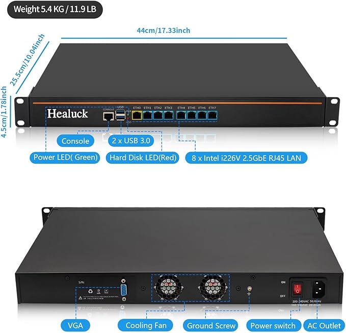 1U Firewall Appliance, Core i5 4300M Z87, 8 x i226V 2.5GbE LAN, OPNsense, VPN, 19 Inch 1U Network Rackmount, VGA, Console, USB3.0, DDR3L 8G RAM 128G SSD