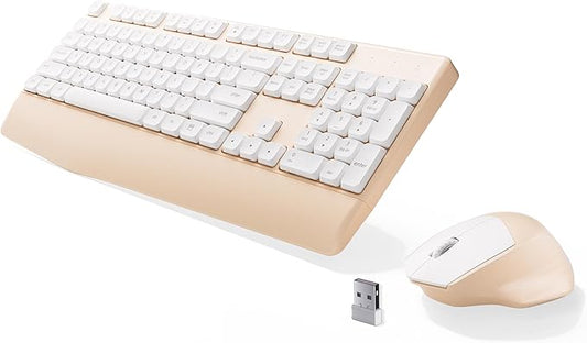 Ergonomic Keyboard and Mouse Combo with Wrist Rest, BK Chipset, Full-Size Colorful Office Keyboard and Mouse, Power Button, USB Receiver for PC Laptop (Khaki White)