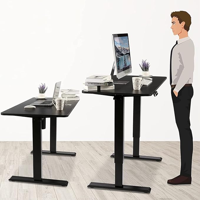 Standing Desk Adjustable Height, Electric Height Adjustable Table, 55'' X 24'' Stand Up Desk with Double Hooks and Wheels, 27''-45'' Lifting Range Sit Stand Home Office Desk(Black)
