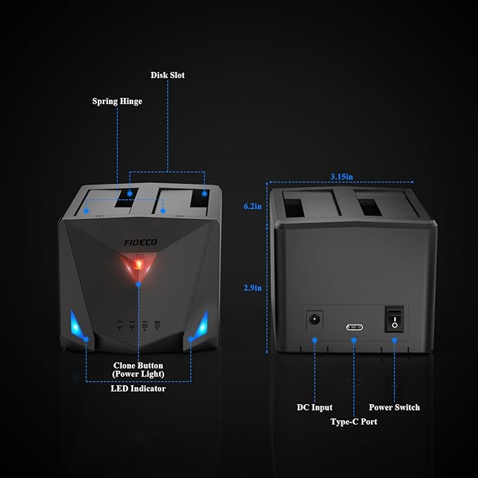 FIDECO USB 3.2 Gen 1 to Hard Drive Docking Station, Hard Drive Dock for 2.5 or 3.5 inch SATA I/II/III HDD SSD with Hard Drive Duplicator/Offline Clone Function and 2 USB Cables, Support UASP