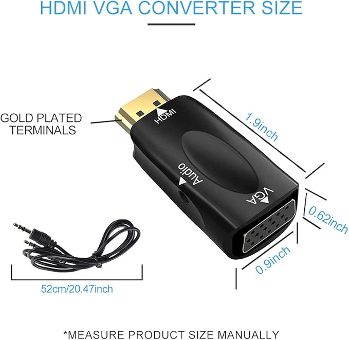 Guamar HDMI to VGA Adapter Converter with 3.5mm Audio Jack Cable for Older Monitor TV Computer Laptop PC Projector Desktop - 1080P HDMI Male to VGA Female Display Gold-Plated