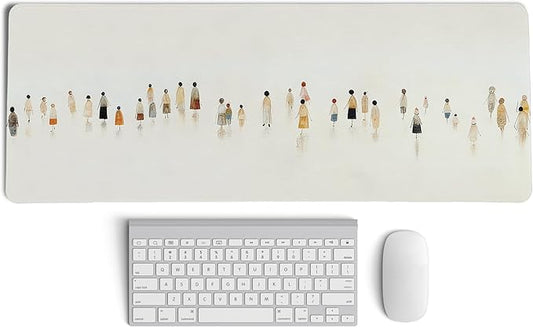 Beige Summer Beach Mouse Pad,XL Large Art Minimalist Abstract People Desk Mat,Aesthetic Calming Beach Crowd Desk Mat for Home Office Dorm Desktop Decor,31.5x11.8 Inch