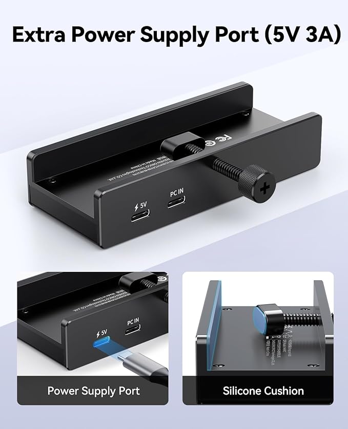 ORICO USB Hub 3.2, Clamp USB-Hub with Extra Power Supply Port, 10Gbps Aluminum 5-Port USB Extender with 2 USB-A 3.2 Ports, USB-C 3.2, SD/TF Card Reader 3.0, USB-3.2 Splitter for Monitor, Desk