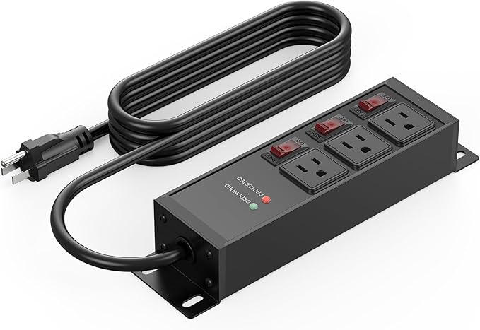 CCCEI 3 Outlet Heavy Duty Surge Protector Power Strip 20 Amp Individual Switches. 12 Gauge Extension Cord, Overload, Ground Protection. Garage Wall Mount Electric Extender, 4FT, Black.