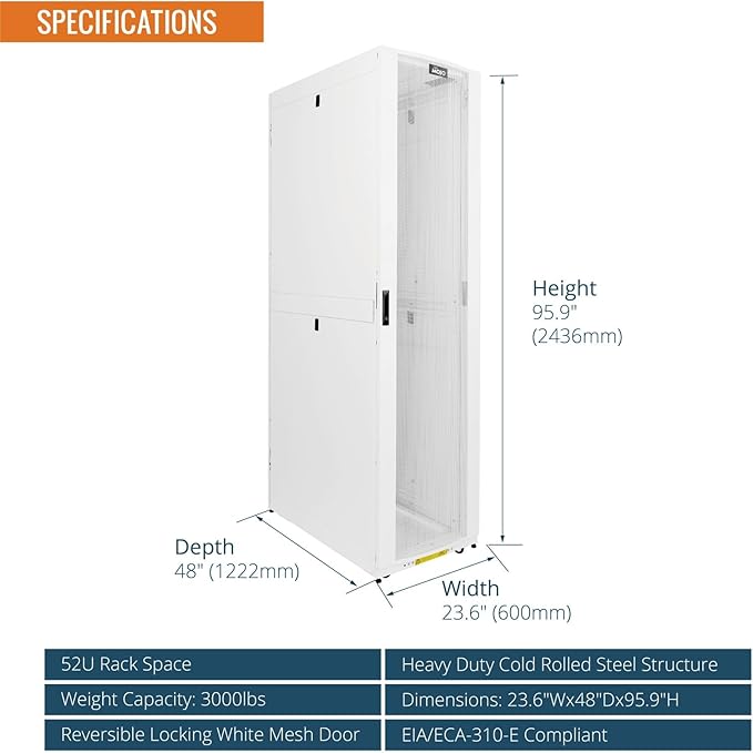 Tecmojo 52U Server Rack Cabinet - PRE-Assembled 24inch Width 48inch Depth IT Network Equipment Cabinet Rack Enclosure with Casters - 3000lbs Weight Capacity, White