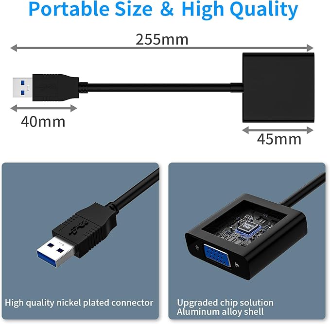 USB to VGA Adapter, USB3.0/2.0 to VGA Adapter Multi-Display Video Converter Full HD 1080P External Video Card Multi Monitor, Desktop, Laptop, HDTV, Monitor, Projector (Windows 10/8.1/8/7)