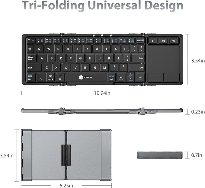 iClever Foldable Keyboard with Touchpad, BK08 Portable Tri-Folding Bluetooth Keyboard for iPad, iPhone, Windows, Mac & Android — Connect Up to 3 Devices