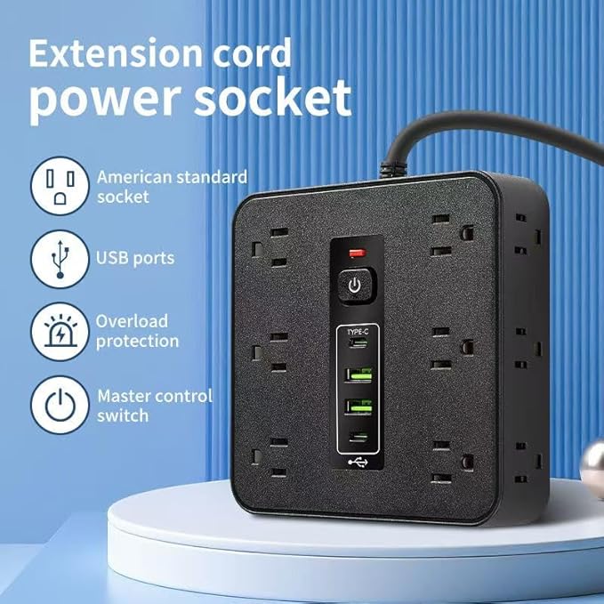 16-in-1 Surge Protector Power Strip with 12 AC Outlets, 4 USB Ports (2 USB-C & 2 USB-A) | 10A Overload Protection, Flat Plug Extension Cord for Home Office Gaming Travel (Black, 6FT)