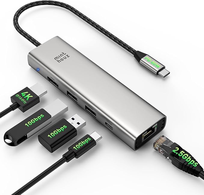 Minthouz 6-in-1 USB C Hub, 4K@144Hz HDMI, 100W PD Charging, 10Gbps USB-C/A Ports, 2.5G Ethernet, Compatible with MacBook Neo, M1/M2/M3, Surface, HP, Lenovo Laptops