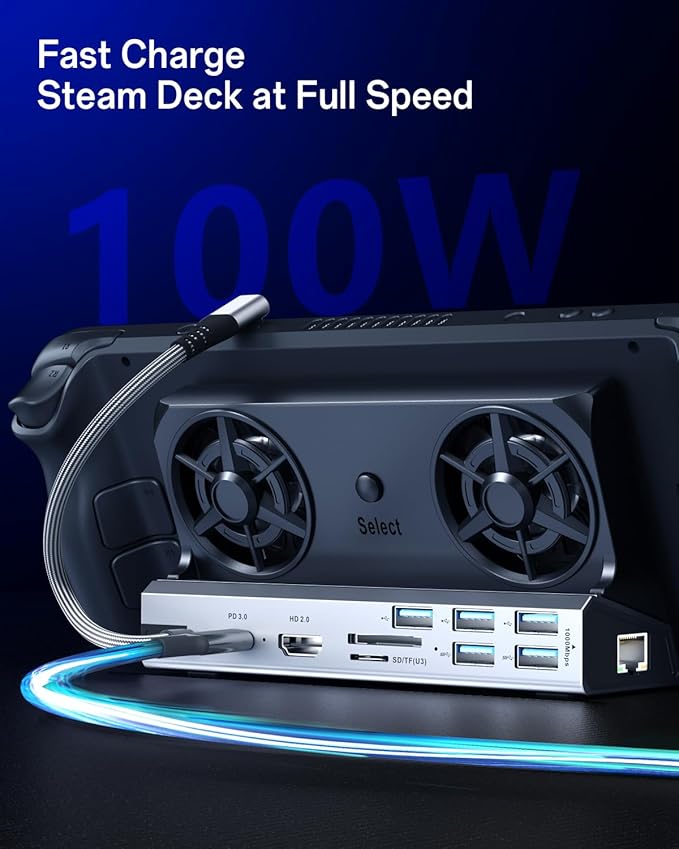Dual Cooling Fans 13 in 1 Steam Deck Docking Station with 4K@60Hz 5 USB Ports,1000Mbps,SD/TF Slot,USB-C 100W PD, 40Gbps Adapter for Steam Deck/Rog Ally/Switch/Legion Go