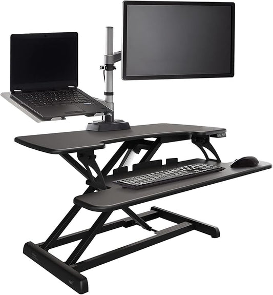 Vari Varidesk Pro Plus 36 Electric Standing Desk Converter – 11 Height Settings + Spring-Loader Lift, 2 Tier Design, Keyboard Tray – Fits Desktops 36” Wide x 26.5" Deep – Fully Assembled (Black)