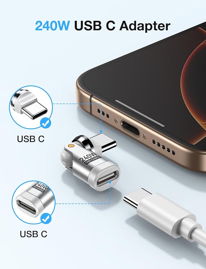 USB C Adapter [3-Pack], PD 240W USB C 90 Degree Adapter, Type C Right Angle Adapter/360 & 180 Degree C to C Adapters for Phone 17/16/15, MacBook Pro/Pad Series, Samsung Galaxy, Tablet, Laptop-White