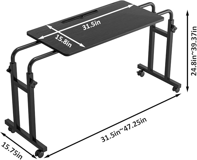 Overbed Table with Wheels, Adjustable Height and Length Over Bed Desk, Hospital Heavy Duty Metal Leg Laptop Stand for Adults