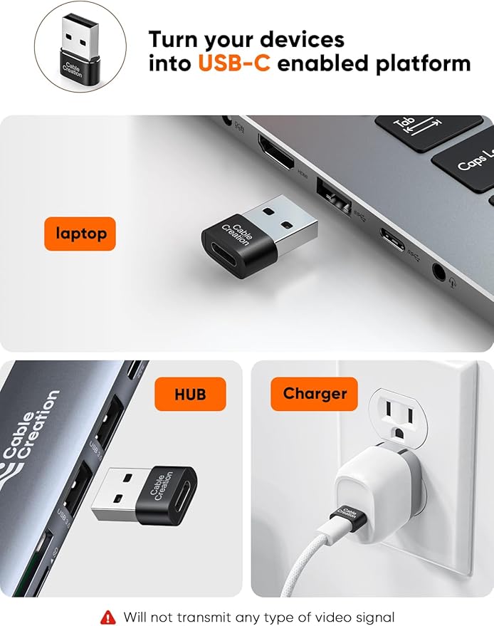 CableCreation USB to USB C Female Adapter 4Pack Compatible with iPhone 16, 15, Samsung Galaxy S24, iPad, Apple Watch, Airpods, CarPlay