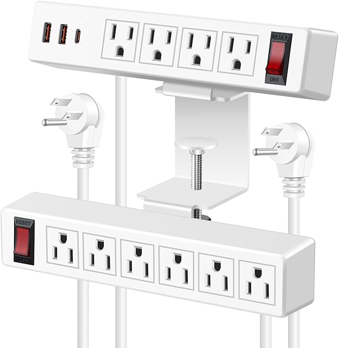 Dual Layer Desk Clamp Power Strip Surge Protector, Under Desk Power Strip with 10AC Outlets & 3 USB(20W USB-C), Desktop Edge Mount Charging Station, 15 Ft Extension Cord for Office Home (ETL Listed)