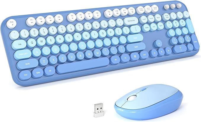 KNOWSQT Wireless Keyboard Mouse Combo - Lovely Blue-Gradient Rainbow Full-Sized Typewriter Colorful Keyboards, Round Keycap Plug Play Retro Cute Keyboards for Windows, Laptop, PC, Desktop, Computer