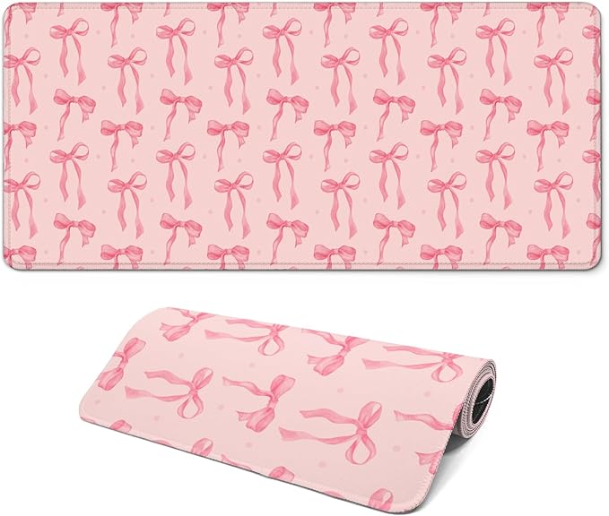 Large Computer Mouse Pad with Non-Slip Base for Desktop, Cute Gaming Mouse Mat with Stitched Edges, Long Extended Anime Mousepad for Laptop, 31.5 x 11.8 inches (Pink Bows)