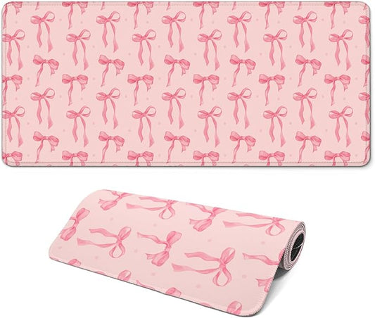 Large Computer Mouse Pad with Non-Slip Base for Desktop, Cute Gaming Mouse Mat with Stitched Edges, Long Extended Anime Mousepad for Laptop, 31.5 x 11.8 inches (Pink Bows)