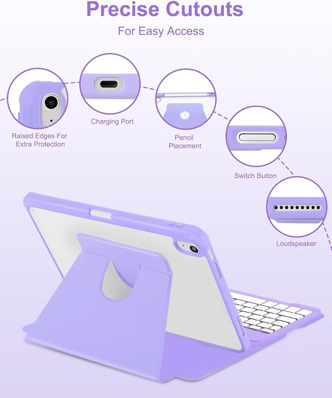 Case with Keyboard Mouse for iPad A16 11th 10th Generation 11/10.9 inch,Rainbow Backlit Detachable Keypad Rotatable Magnetic Cover with Pencil Holder for iPad 11 2025 10 Gen 2022 Purple