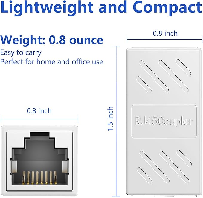 Jadaol RJ45 Coupler [UL Listed], Gold Plated Ethernet Cable Extender with PoE Support, 328ft Long Distance Extend, Female to Female Coupler for Cat8 Cat7 Cat6a Cat6 Cable (White, 1Pack)