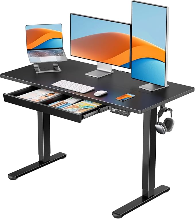 ErGear 48" x 24" Electric Standing Desk with Drawers, Height Adjustable Desk with 4 Preset Heights, Ergonomic Rising Home Office Computer Table with Splice Board, Black