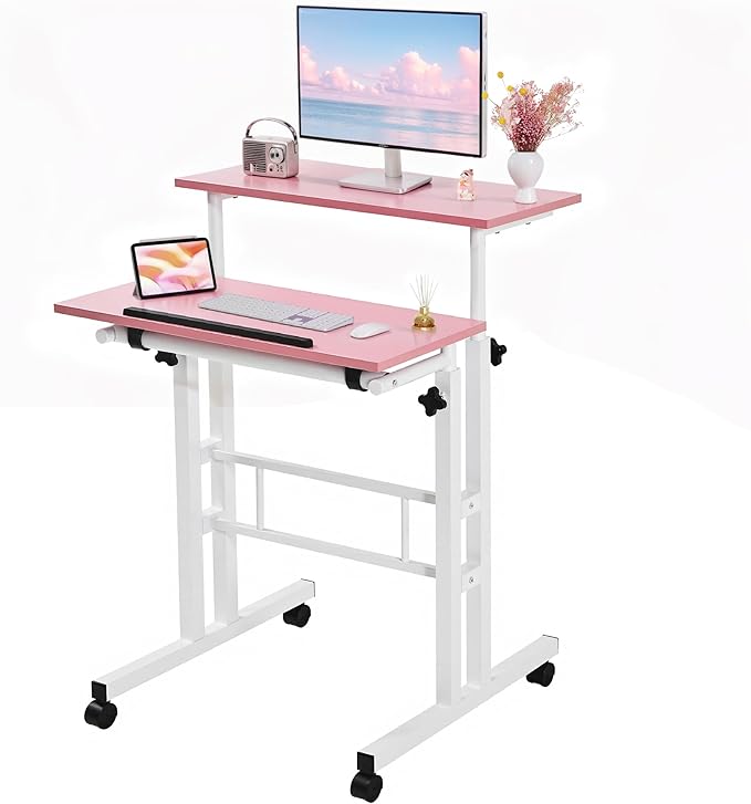 VECELO Small Mobile Standing Desk 24 Inch, Adjustable Height Portable Stand Up Desk with Wheels Computer Workstations, Rolling Laptop Cart, Pink