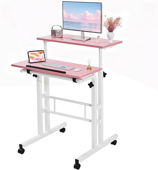 VECELO Small Mobile Standing Desk 24 Inch, Adjustable Height Portable Stand Up Desk with Wheels Computer Workstations, Rolling Laptop Cart, Pink
